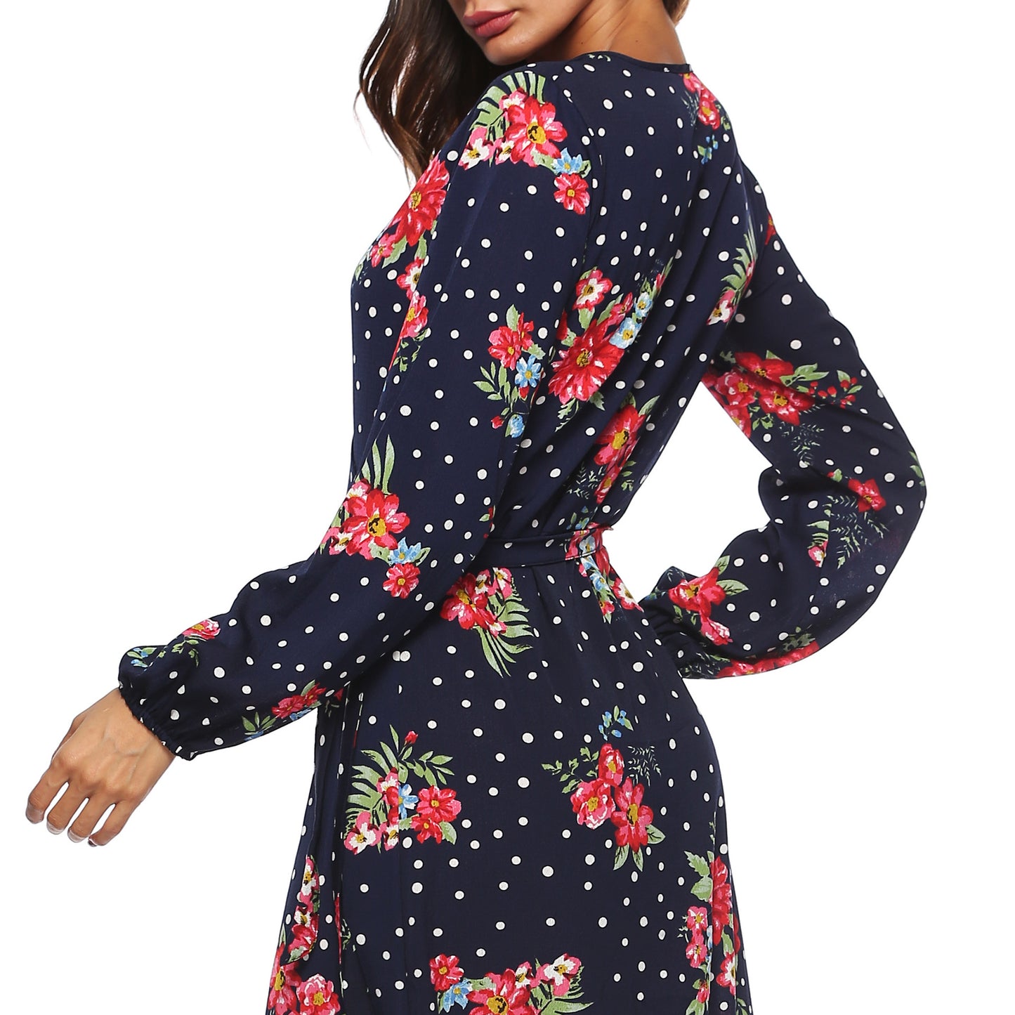 Cross-border European and American autumn long sleeve polka dot chiffon printed dress lace-up sexy split deep V dress female A1694