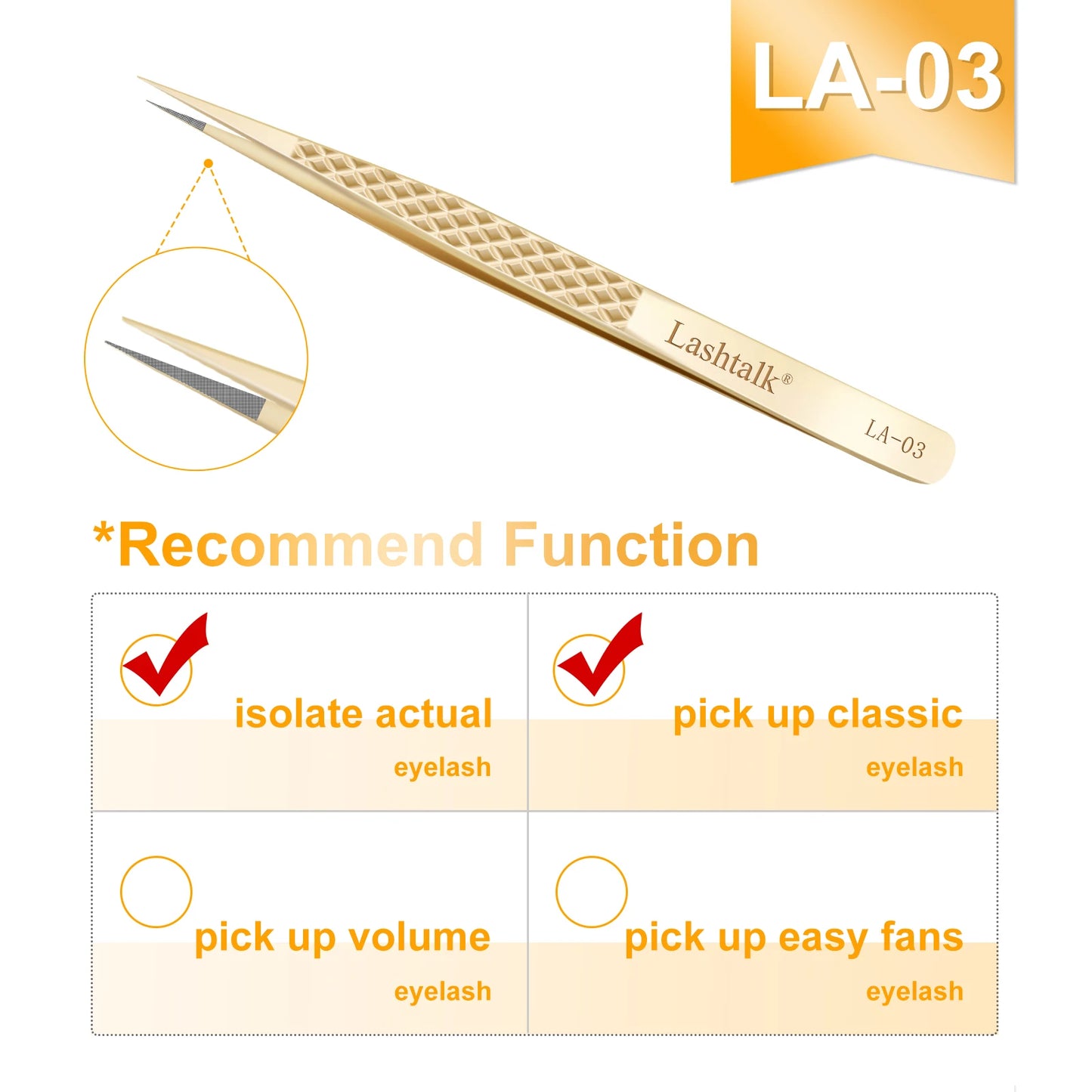 Lashtalk Precision Lash Tweezers - Fiber Tip, Diamond Anti-Slip Grip, Gold Stainless Steel