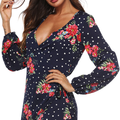 Cross-border European and American autumn long sleeve polka dot chiffon printed dress lace-up sexy split deep V dress female A1694