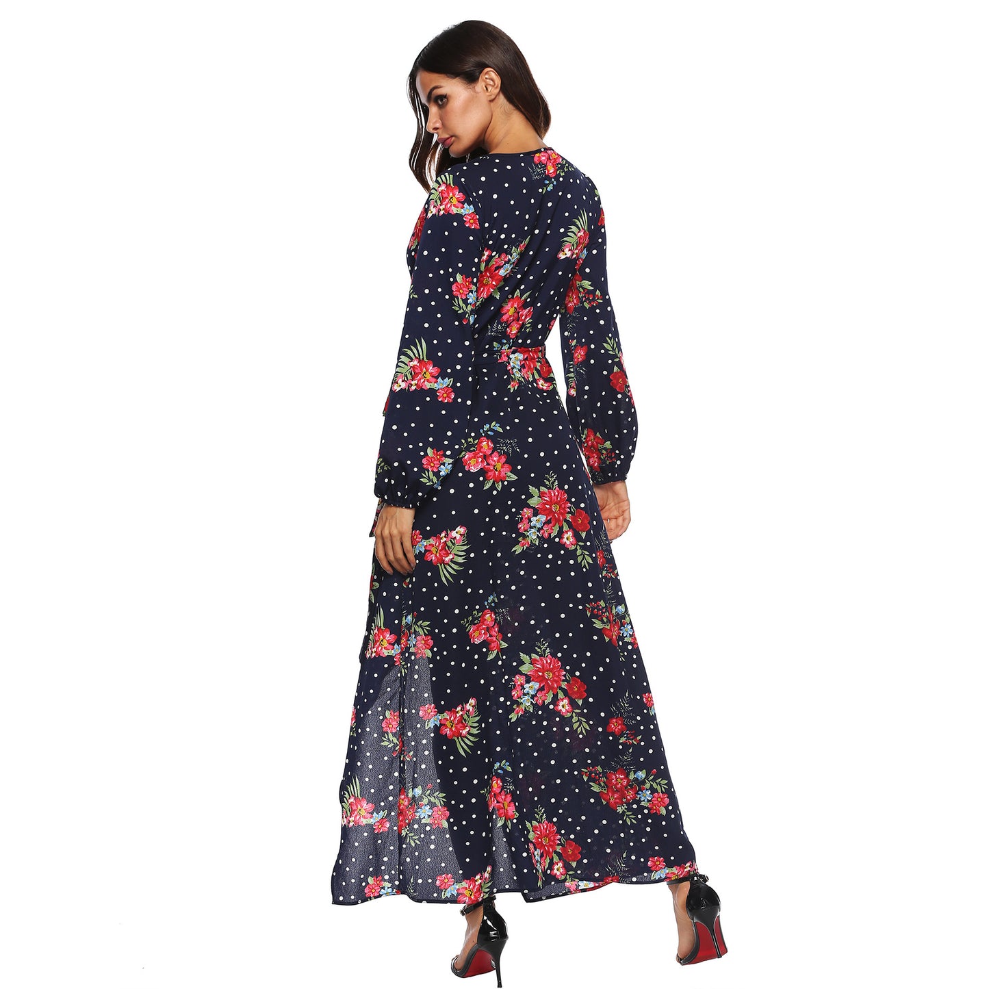 Cross-border European and American autumn long sleeve polka dot chiffon printed dress lace-up sexy split deep V dress female A1694