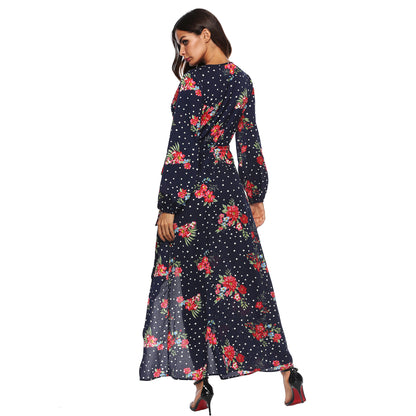 Cross-border European and American autumn long sleeve polka dot chiffon printed dress lace-up sexy split deep V dress female A1694