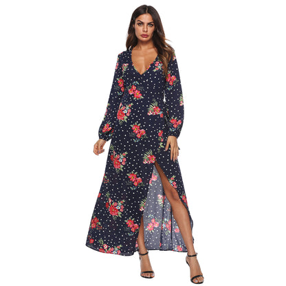 Cross-border European and American autumn long sleeve polka dot chiffon printed dress lace-up sexy split deep V dress female A1694