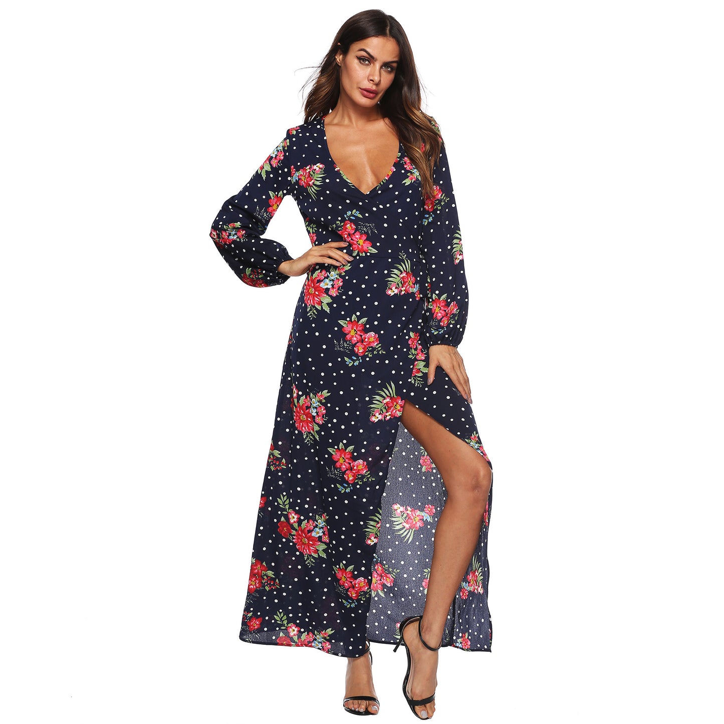 Cross-border European and American autumn long sleeve polka dot chiffon printed dress lace-up sexy split deep V dress female A1694