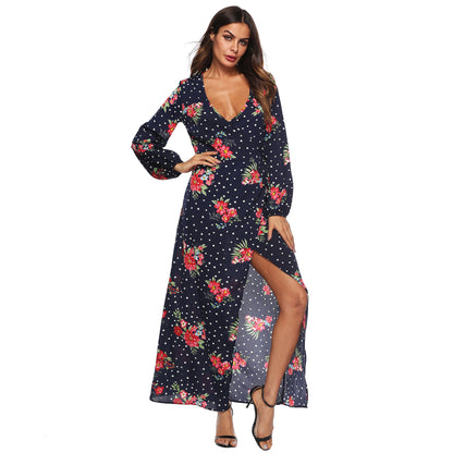 Cross-border European and American autumn long sleeve polka dot chiffon printed dress lace-up sexy split deep V dress female A1694