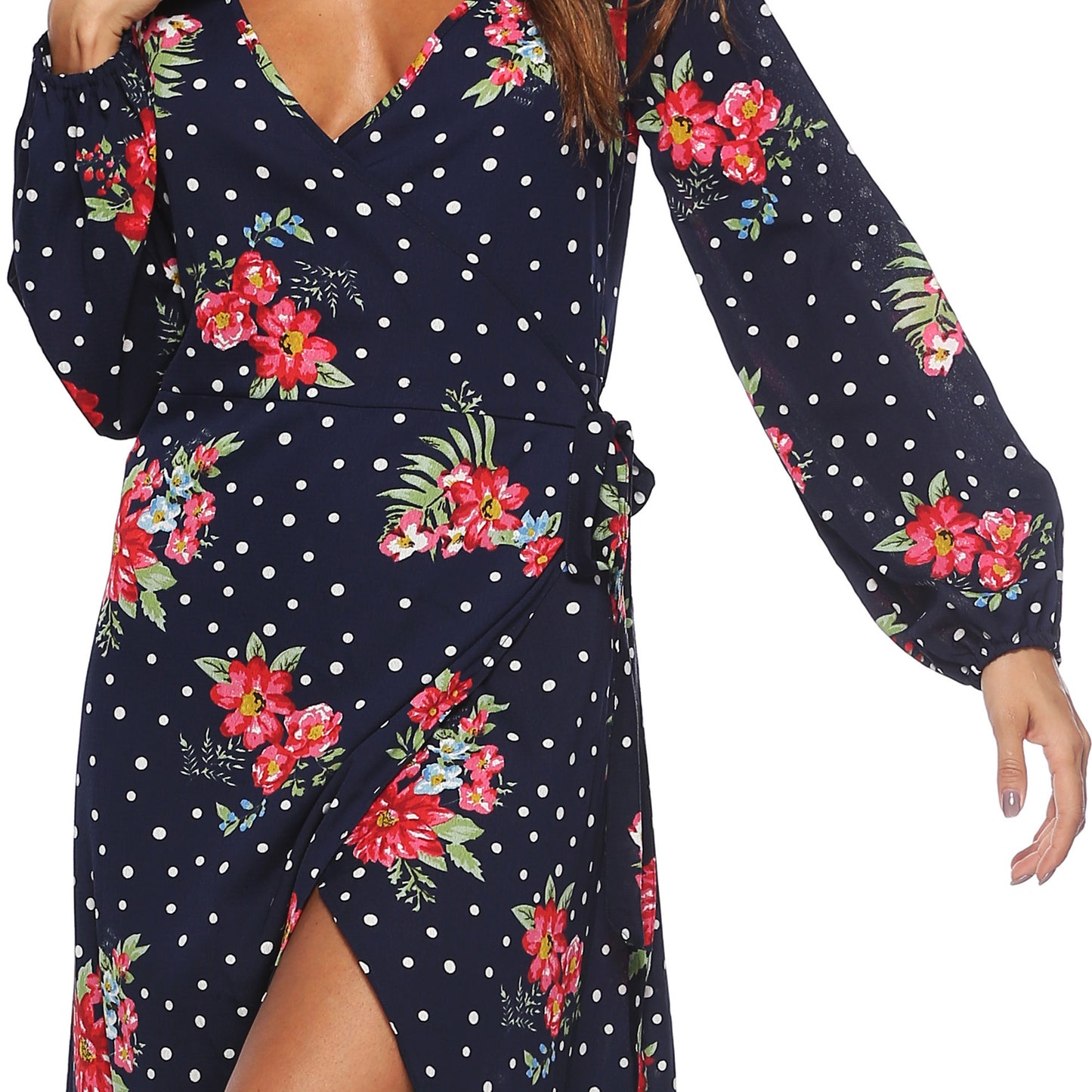 Cross-border European and American autumn long sleeve polka dot chiffon printed dress lace-up sexy split deep V dress female A1694