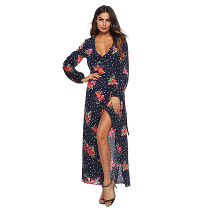 Cross-border European and American autumn long sleeve polka dot chiffon printed dress lace-up sexy split deep V dress female A1694
