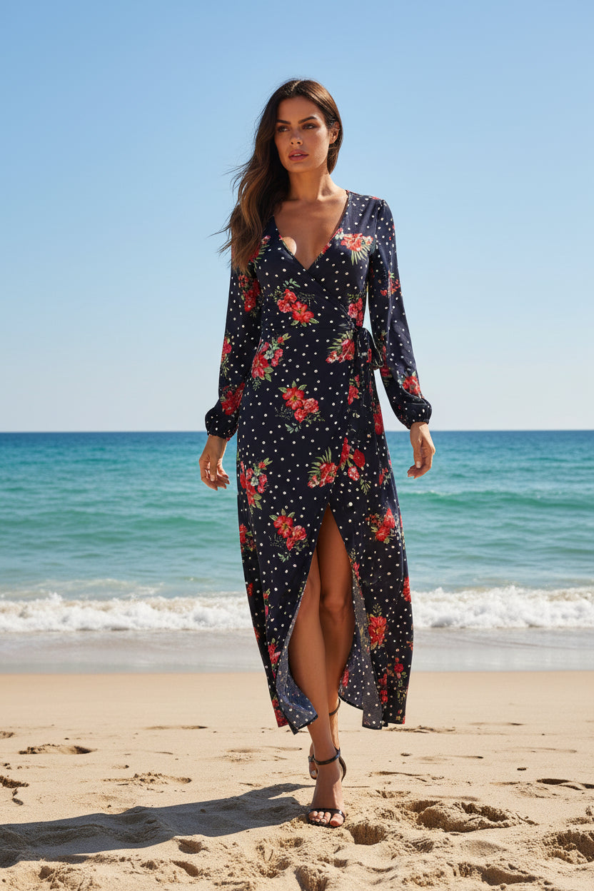 Cross-border European and American autumn long sleeve polka dot chiffon printed dress lace-up sexy split deep V dress female A1694