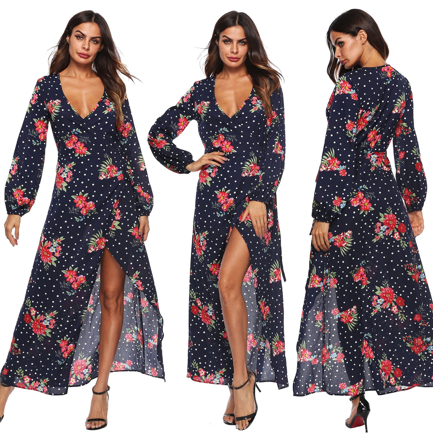 Cross-border European and American autumn long sleeve polka dot chiffon printed dress lace-up sexy split deep V dress female A1694