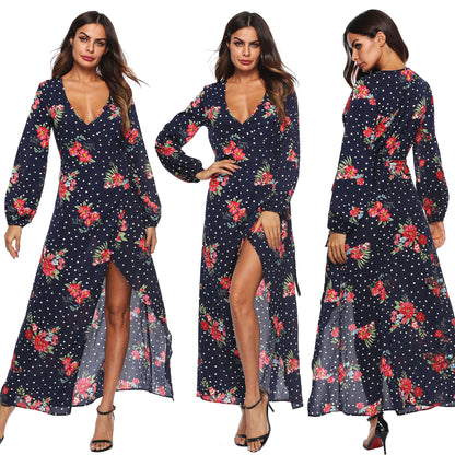 Cross-border European and American autumn long sleeve polka dot chiffon printed dress lace-up sexy split deep V dress female A1694