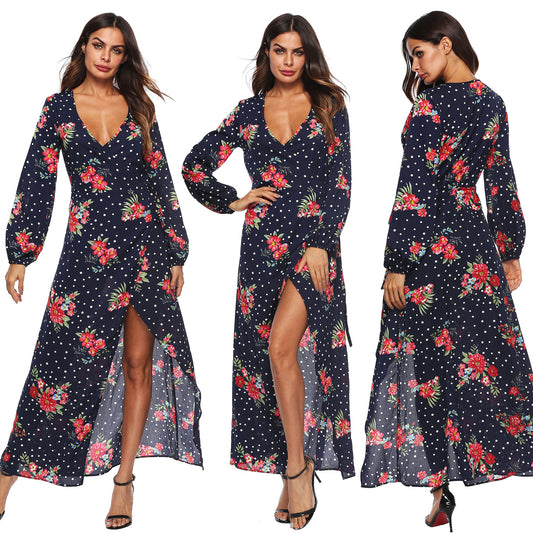 Cross-border European and American autumn long sleeve polka dot chiffon printed dress lace-up sexy split deep V dress female A1694