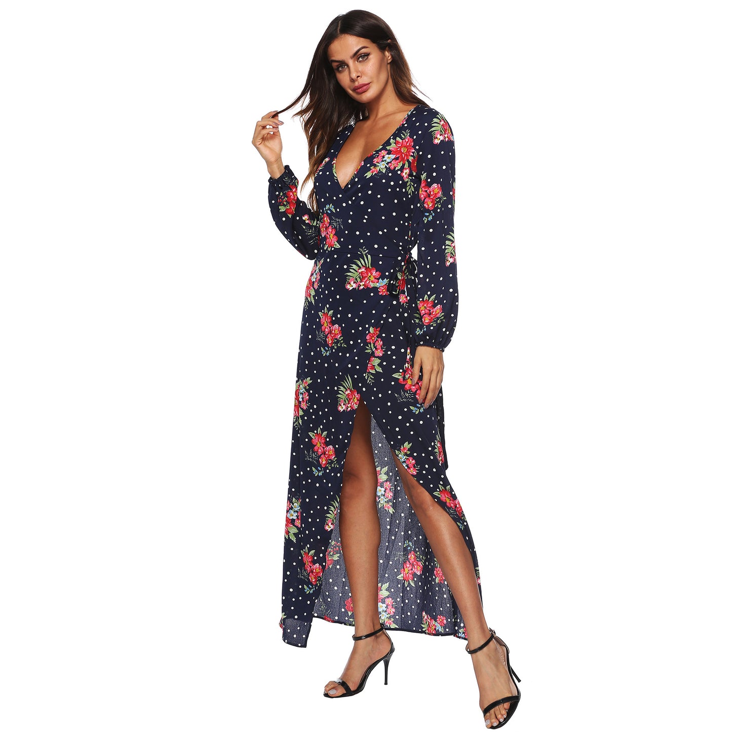 Cross-border European and American autumn long sleeve polka dot chiffon printed dress lace-up sexy split deep V dress female A1694