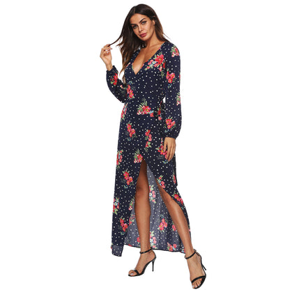 Cross-border European and American autumn long sleeve polka dot chiffon printed dress lace-up sexy split deep V dress female A1694