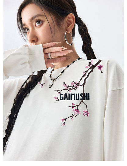High-Quality Pure Cotton Embroidered Vine Floral Long-Sleeved T-Shirt for Women American Fashion Brand Design High Street Retro Casual
