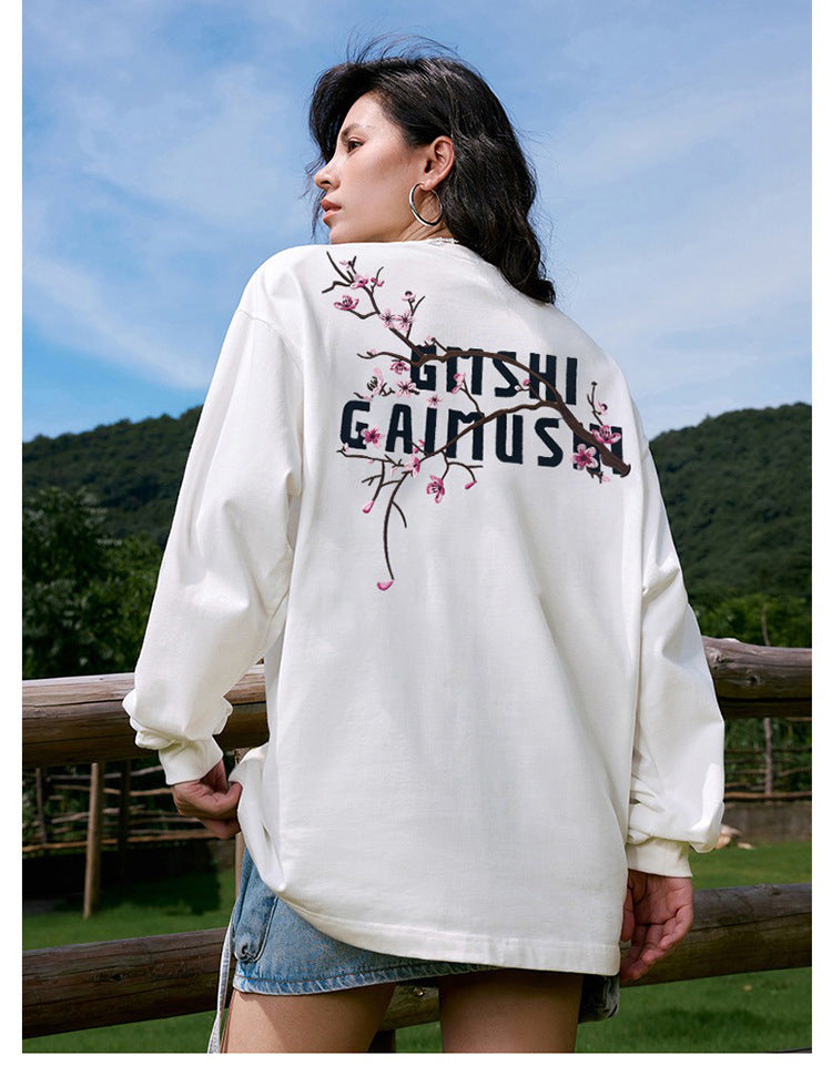 High-Quality Pure Cotton Embroidered Vine Floral Long-Sleeved T-Shirt for Women American Fashion Brand Design High Street Retro Casual