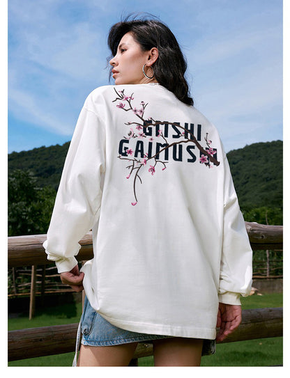 High-Quality Pure Cotton Embroidered Vine Floral Long-Sleeved T-Shirt for Women American Fashion Brand Design High Street Retro Casual