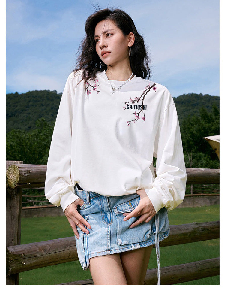 High-Quality Pure Cotton Embroidered Vine Floral Long-Sleeved T-Shirt for Women American Fashion Brand Design High Street Retro Casual