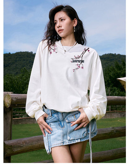 High-Quality Pure Cotton Embroidered Vine Floral Long-Sleeved T-Shirt for Women American Fashion Brand Design High Street Retro Casual