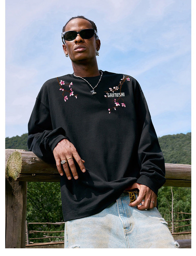 High-Quality Pure Cotton Embroidered Vine Floral Long-Sleeved T-Shirt for Women American Fashion Brand Design High Street Retro Casual