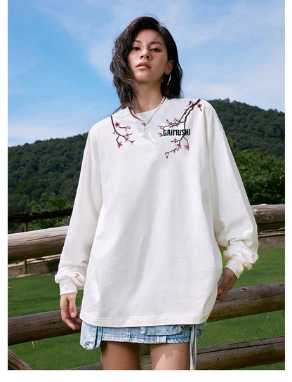 High-Quality Pure Cotton Embroidered Vine Floral Long-Sleeved T-Shirt for Women American Fashion Brand Design High Street Retro Casual