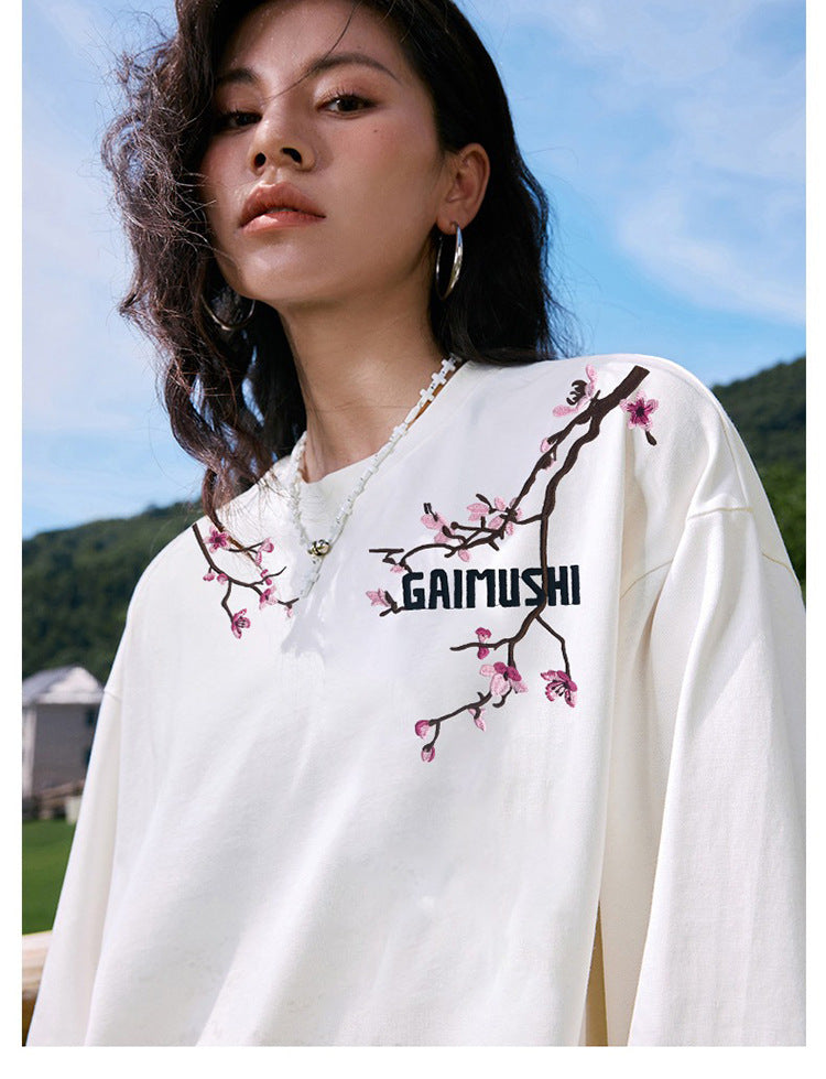 High-Quality Pure Cotton Embroidered Vine Floral Long-Sleeved T-Shirt for Women American Fashion Brand Design High Street Retro Casual