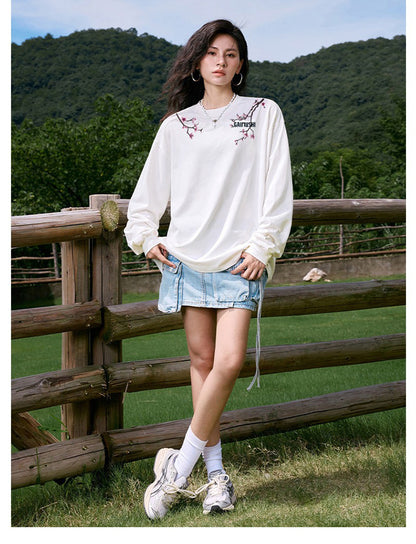 High-Quality Pure Cotton Embroidered Vine Floral Long-Sleeved T-Shirt for Women American Fashion Brand Design High Street Retro Casual