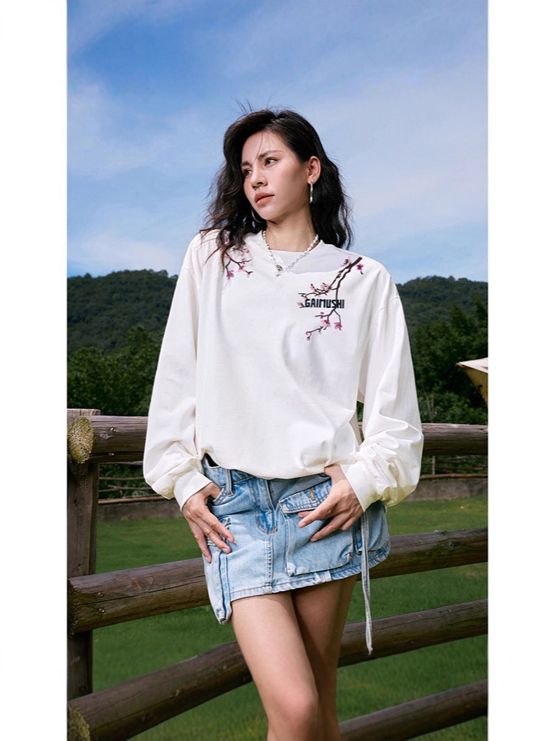 High-Quality Pure Cotton Embroidered Vine Floral Long-Sleeved T-Shirt for Women American Fashion Brand Design High Street Retro Casual