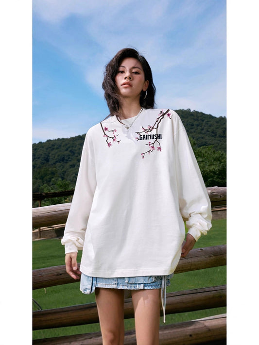 High-Quality Pure Cotton Embroidered Vine Floral Long-Sleeved T-Shirt for Women American Fashion Brand Design High Street Retro Casual