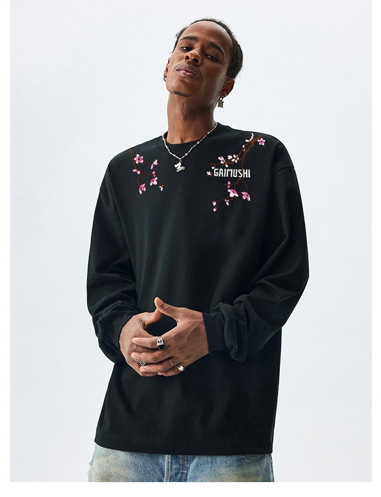 High-Quality Pure Cotton Embroidered Vine Floral Long-Sleeved T-Shirt for Women American Fashion Brand Design High Street Retro Casual