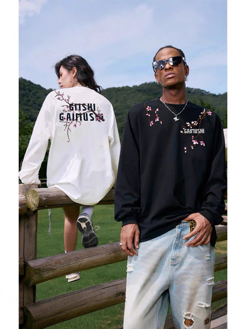 High-Quality Pure Cotton Embroidered Vine Floral Long-Sleeved T-Shirt for Women American Fashion Brand Design High Street Retro Casual