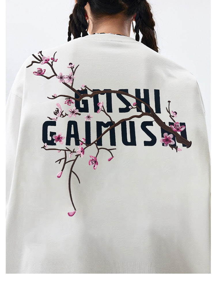 High-Quality Pure Cotton Embroidered Vine Floral Long-Sleeved T-Shirt for Women American Fashion Brand Design High Street Retro Casual