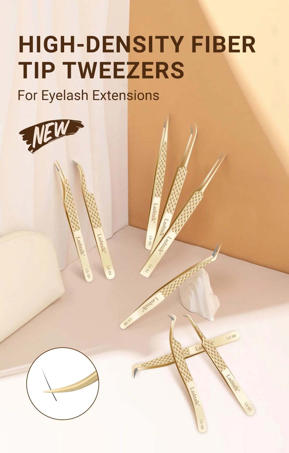 Lashtalk Precision Lash Tweezers - Fiber Tip, Diamond Anti-Slip Grip, Gold Stainless Steel