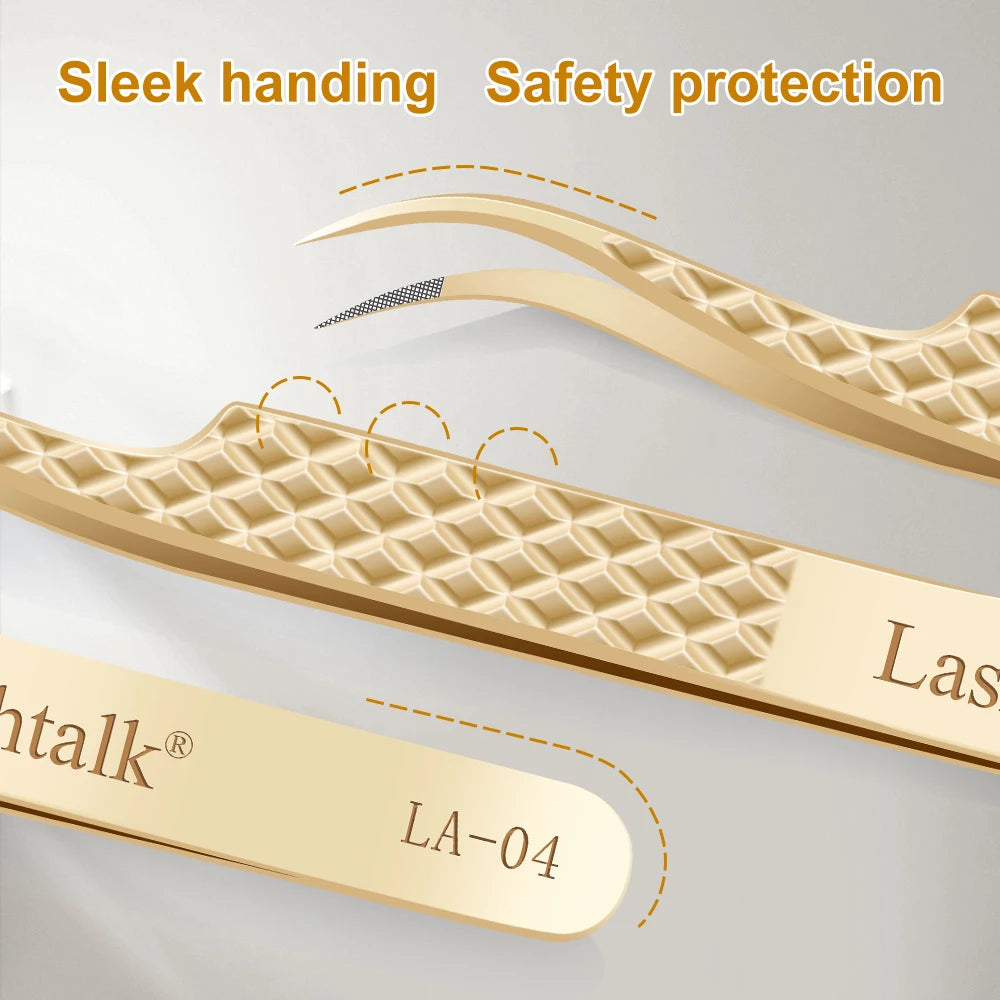 Lashtalk Precision Lash Tweezers - Fiber Tip, Diamond Anti-Slip Grip, Gold Stainless Steel