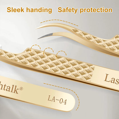 Lashtalk Precision Lash Tweezers - Fiber Tip, Diamond Anti-Slip Grip, Gold Stainless Steel