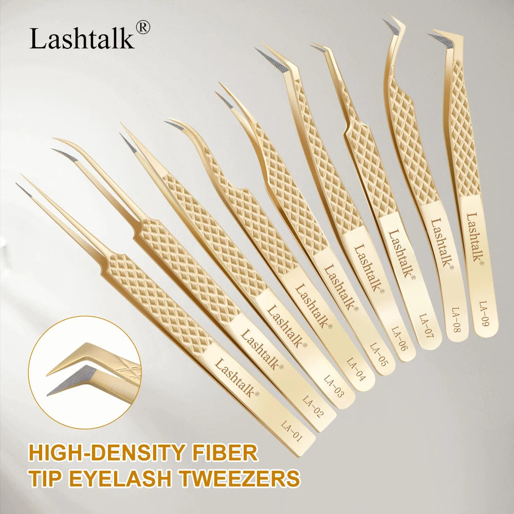 Lashtalk Precision Lash Tweezers - Fiber Tip, Diamond Anti-Slip Grip, Gold Stainless Steel