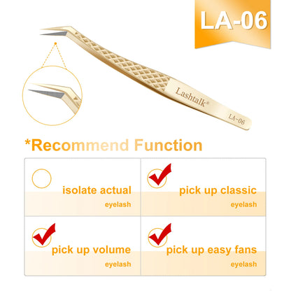Lashtalk Precision Lash Tweezers - Fiber Tip, Diamond Anti-Slip Grip, Gold Stainless Steel