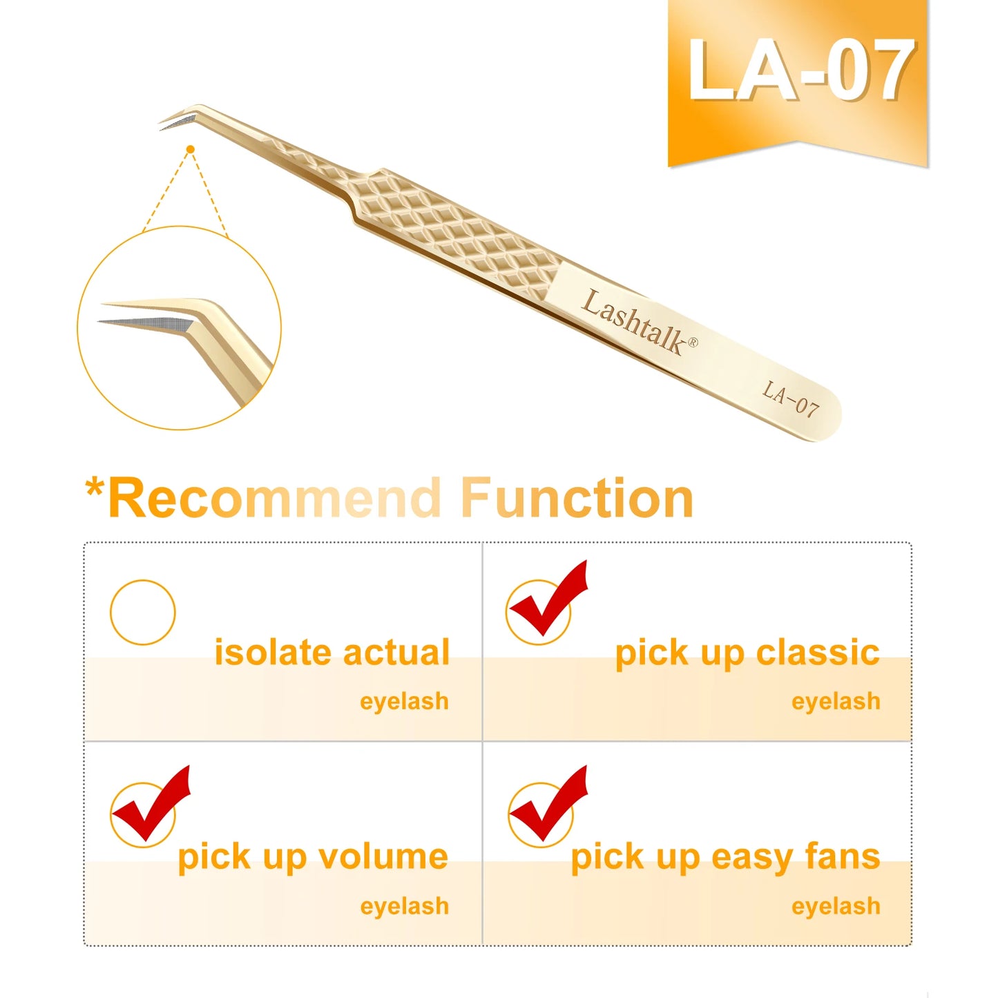 Lashtalk Precision Lash Tweezers - Fiber Tip, Diamond Anti-Slip Grip, Gold Stainless Steel