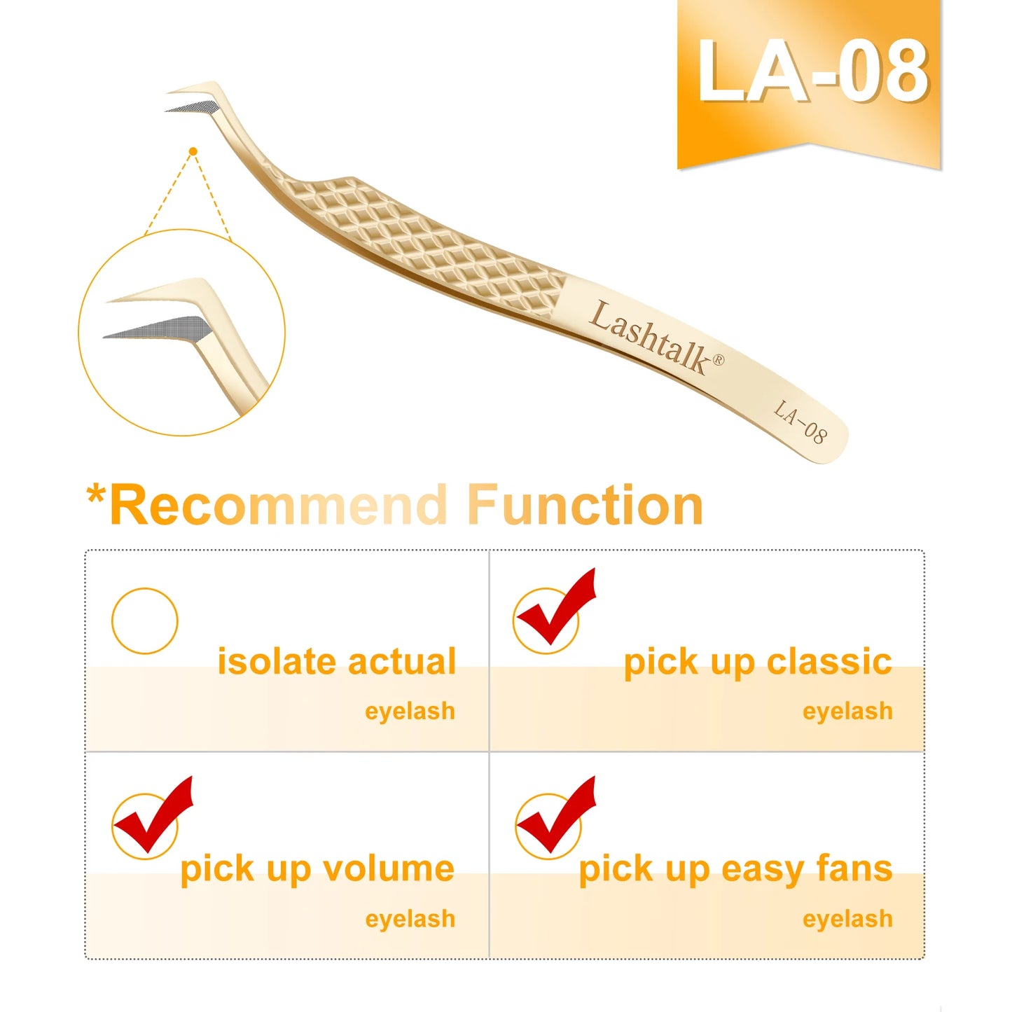 Lashtalk Precision Lash Tweezers - Fiber Tip, Diamond Anti-Slip Grip, Gold Stainless Steel