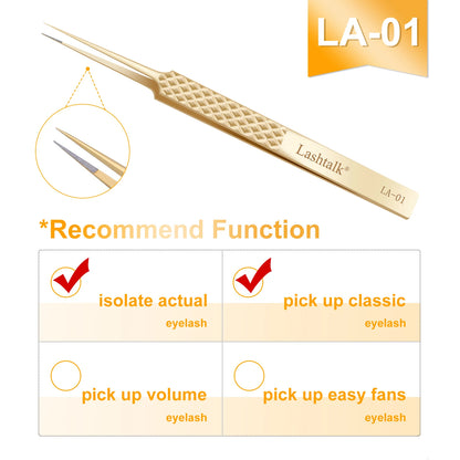 Lashtalk Precision Lash Tweezers - Fiber Tip, Diamond Anti-Slip Grip, Gold Stainless Steel