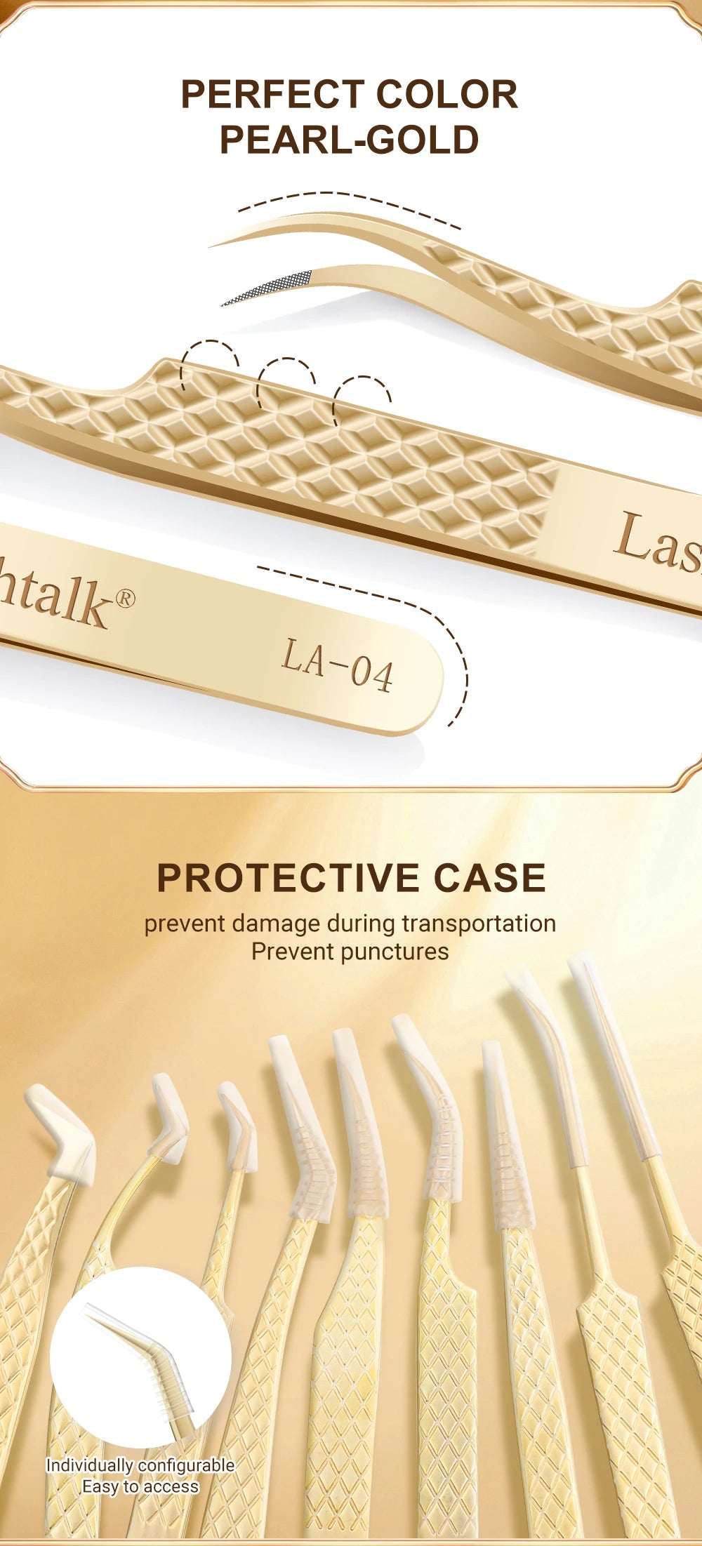 Lashtalk Precision Lash Tweezers - Fiber Tip, Diamond Anti-Slip Grip, Gold Stainless Steel