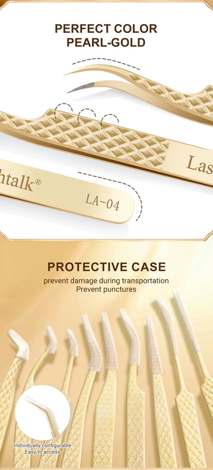 Lashtalk Precision Lash Tweezers - Fiber Tip, Diamond Anti-Slip Grip, Gold Stainless Steel