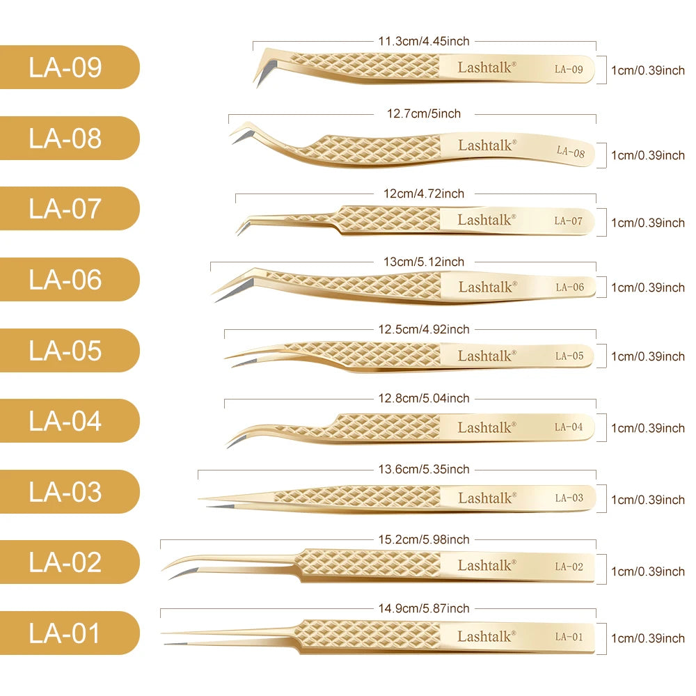 Lashtalk Precision Lash Tweezers - Fiber Tip, Diamond Anti-Slip Grip, Gold Stainless Steel