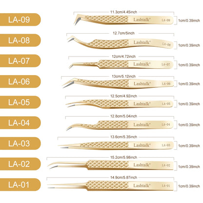 Lashtalk Precision Lash Tweezers - Fiber Tip, Diamond Anti-Slip Grip, Gold Stainless Steel