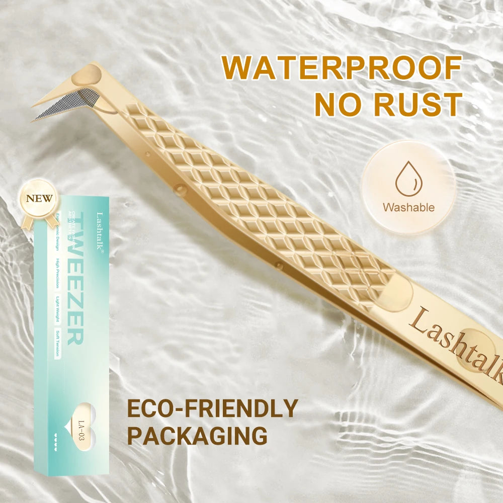 Lashtalk Precision Lash Tweezers - Fiber Tip, Diamond Anti-Slip Grip, Gold Stainless Steel