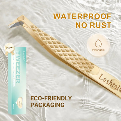 Lashtalk Precision Lash Tweezers - Fiber Tip, Diamond Anti-Slip Grip, Gold Stainless Steel