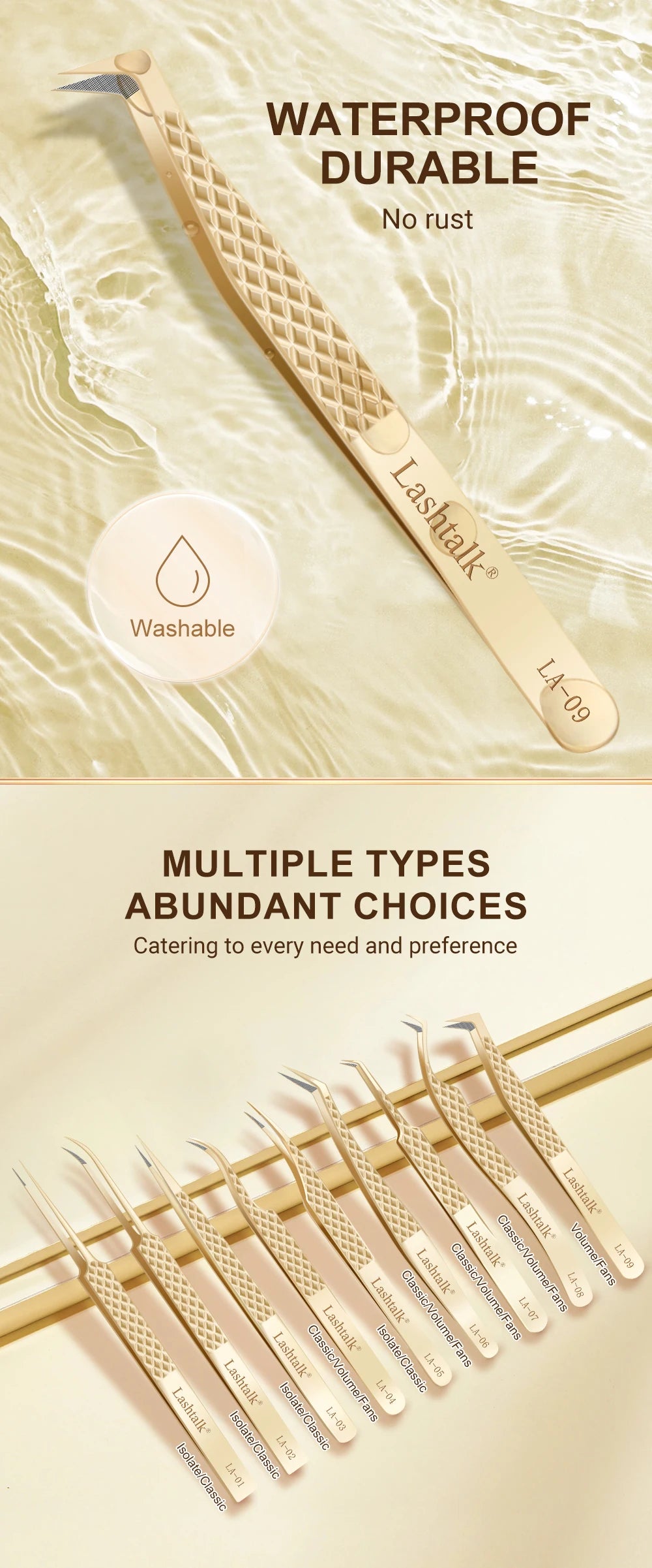 Lashtalk Precision Lash Tweezers - Fiber Tip, Diamond Anti-Slip Grip, Gold Stainless Steel