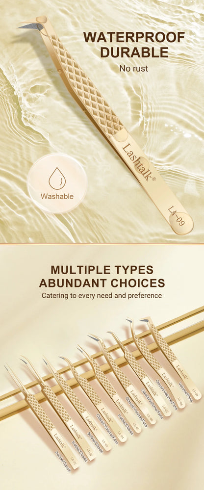 Lashtalk Precision Lash Tweezers - Fiber Tip, Diamond Anti-Slip Grip, Gold Stainless Steel