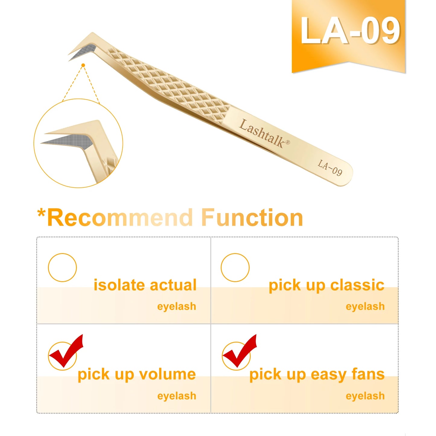 Lashtalk Precision Lash Tweezers - Fiber Tip, Diamond Anti-Slip Grip, Gold Stainless Steel