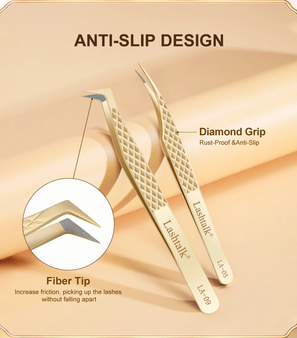 Lashtalk Precision Lash Tweezers - Fiber Tip, Diamond Anti-Slip Grip, Gold Stainless Steel