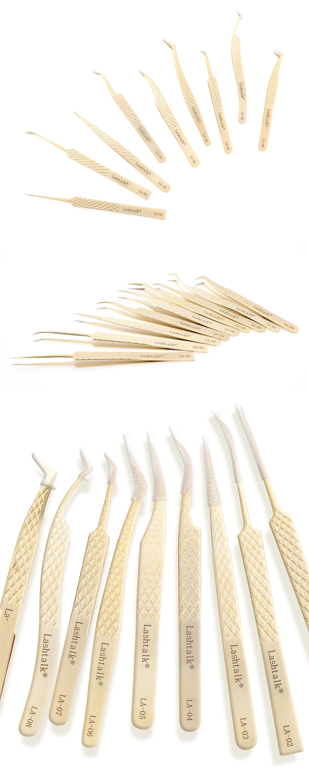 Lashtalk Precision Lash Tweezers - Fiber Tip, Diamond Anti-Slip Grip, Gold Stainless Steel