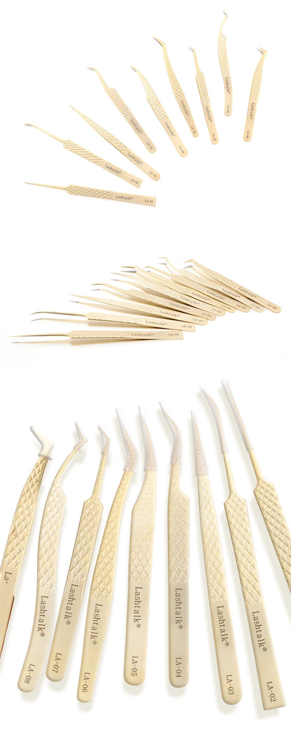 Lashtalk Precision Lash Tweezers - Fiber Tip, Diamond Anti-Slip Grip, Gold Stainless Steel